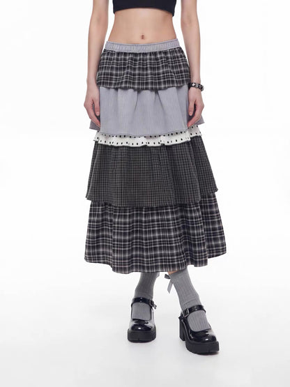 'Ribbon Doll' Vintage Plaid Ruffle Tiered Midi Skirt