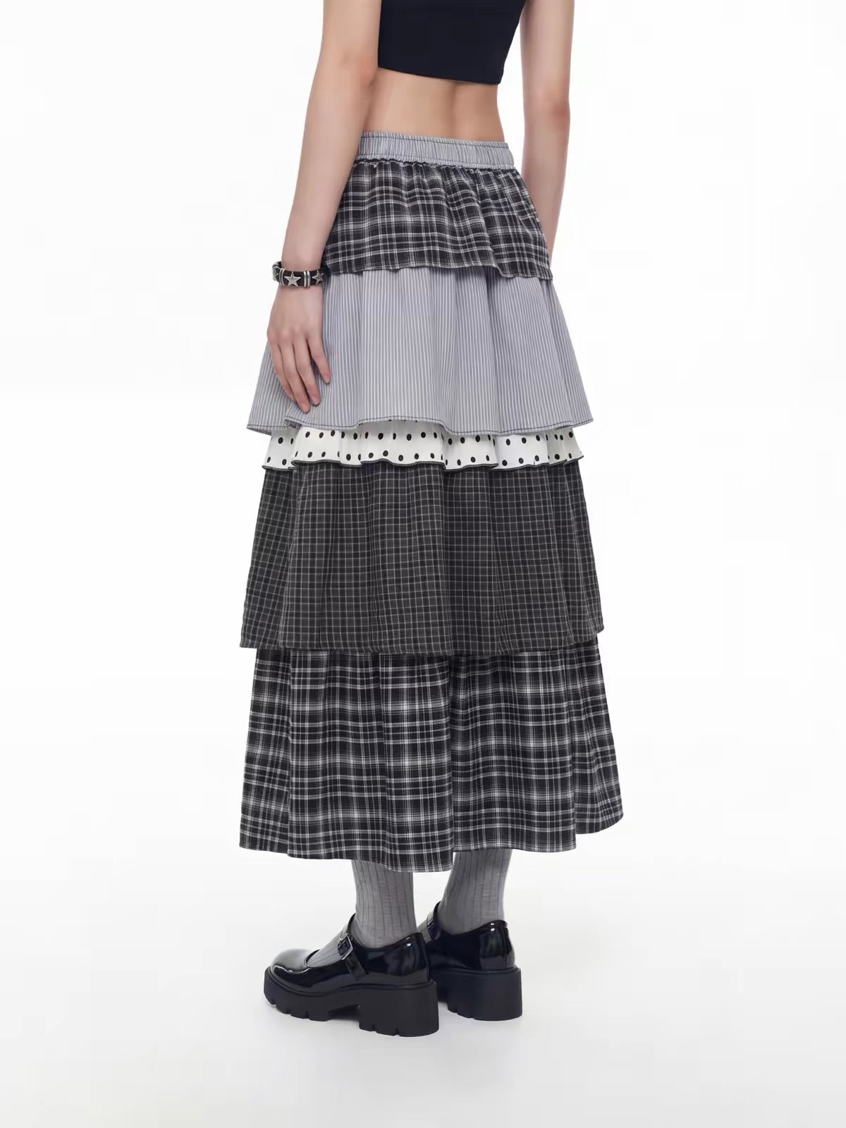 'Ribbon Doll' Vintage Plaid Ruffle Tiered Midi Skirt