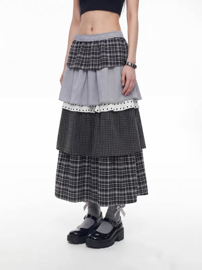'Ribbon Doll' Vintage Plaid Ruffle Tiered Midi Skirt