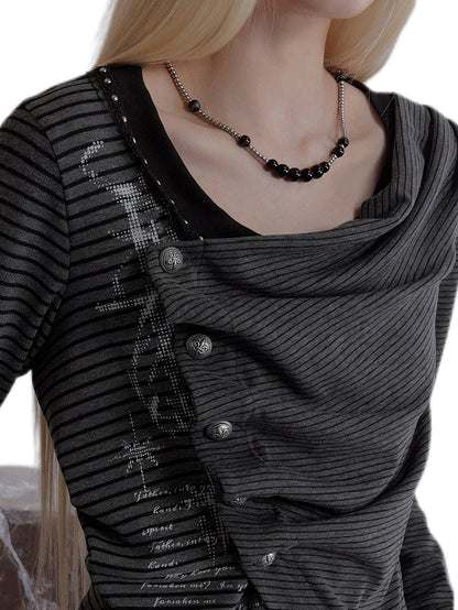 'Hush' Dark Alt Asymmetrical Striped Patchwork Wrap Crop Top