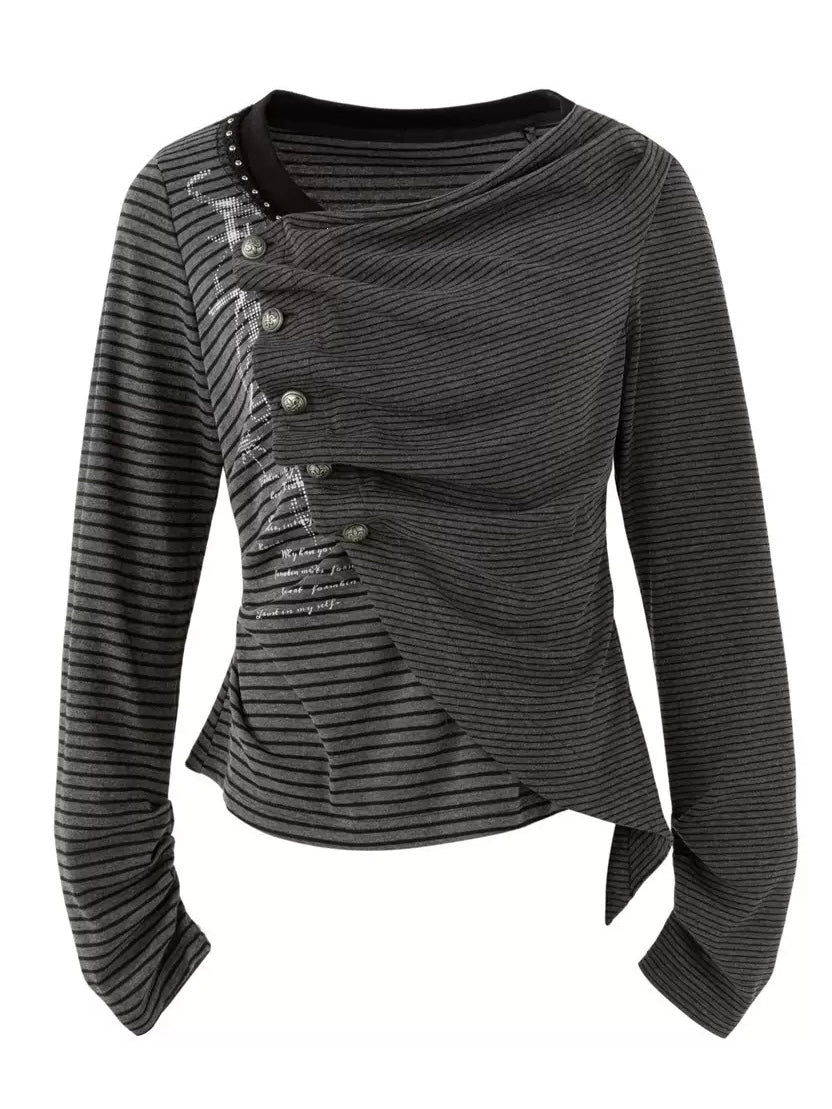 'Hush' Dark Alt Asymmetrical Striped Patchwork Wrap Crop Top