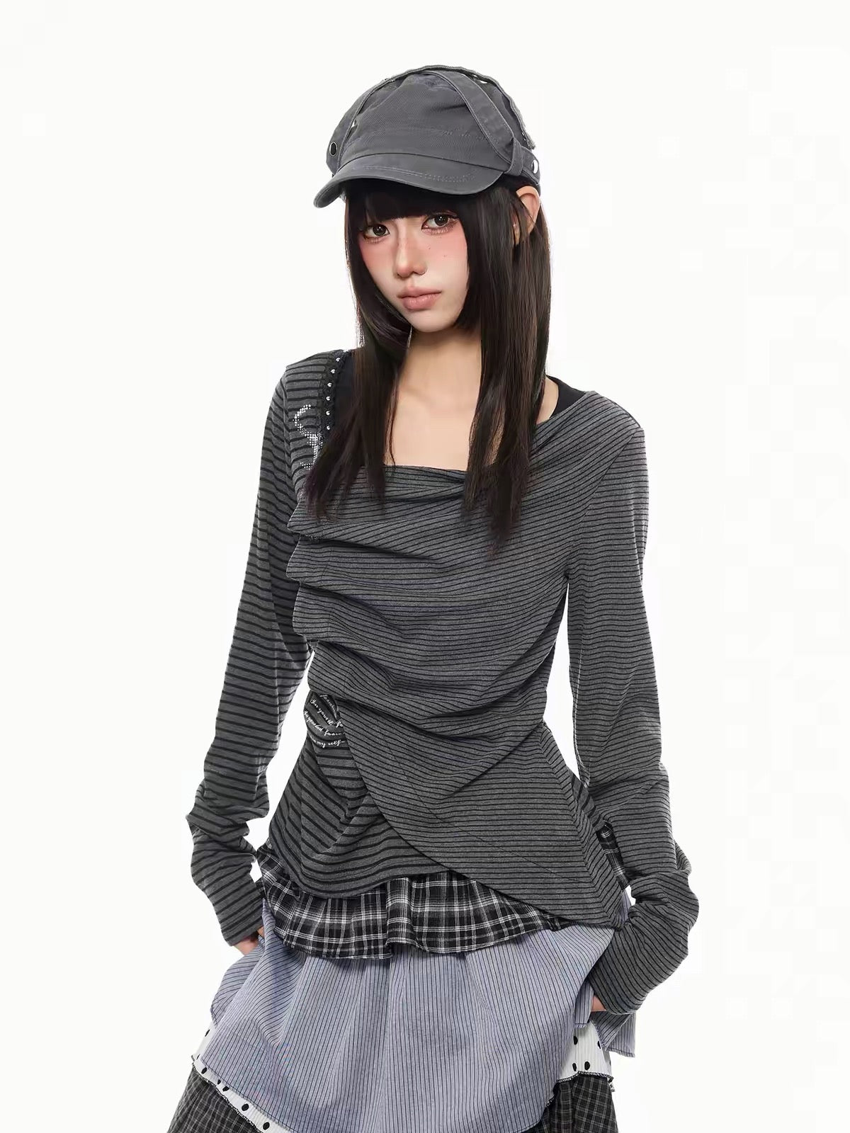 'Hush' Dark Alt Asymmetrical Striped Patchwork Wrap Crop Top