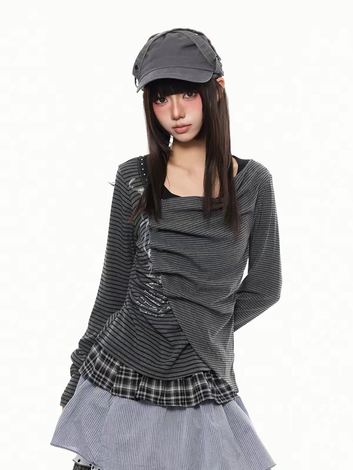 'Hush' Dark Alt Asymmetrical Striped Patchwork Wrap Crop Top