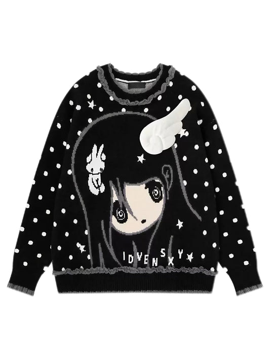 'BunnyDoll' Kawaii Polka Dot Angel Wing Ruffled Collar Knit Sweater