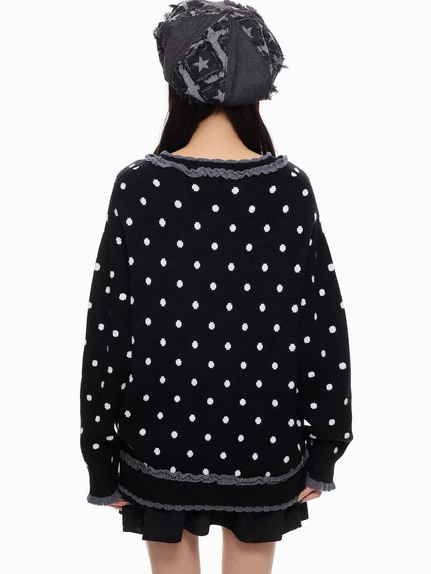 'BunnyDoll' Kawaii Polka Dot Angel Wing Ruffled Collar Knit Sweater