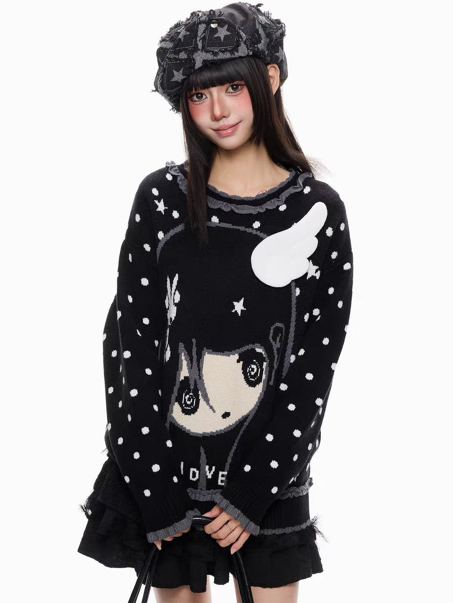 'BunnyDoll' Kawaii Polka Dot Angel Wing Ruffled Collar Knit Sweater