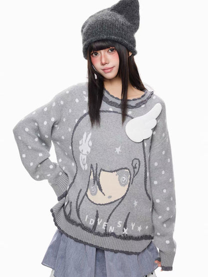 'BunnyDoll' Kawaii Polka Dot Angel Wing Ruffled Collar Knit Sweater