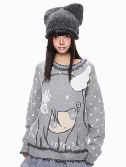 'BunnyDoll' Kawaii Polka Dot Angel Wing Ruffled Collar Knit Sweater