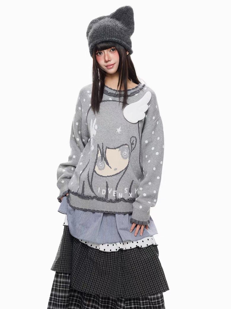 'BunnyDoll' Kawaii Polka Dot Angel Wing Ruffled Collar Knit Sweater