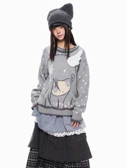 'BunnyDoll' Kawaii Polka Dot Angel Wing Ruffled Collar Knit Sweater
