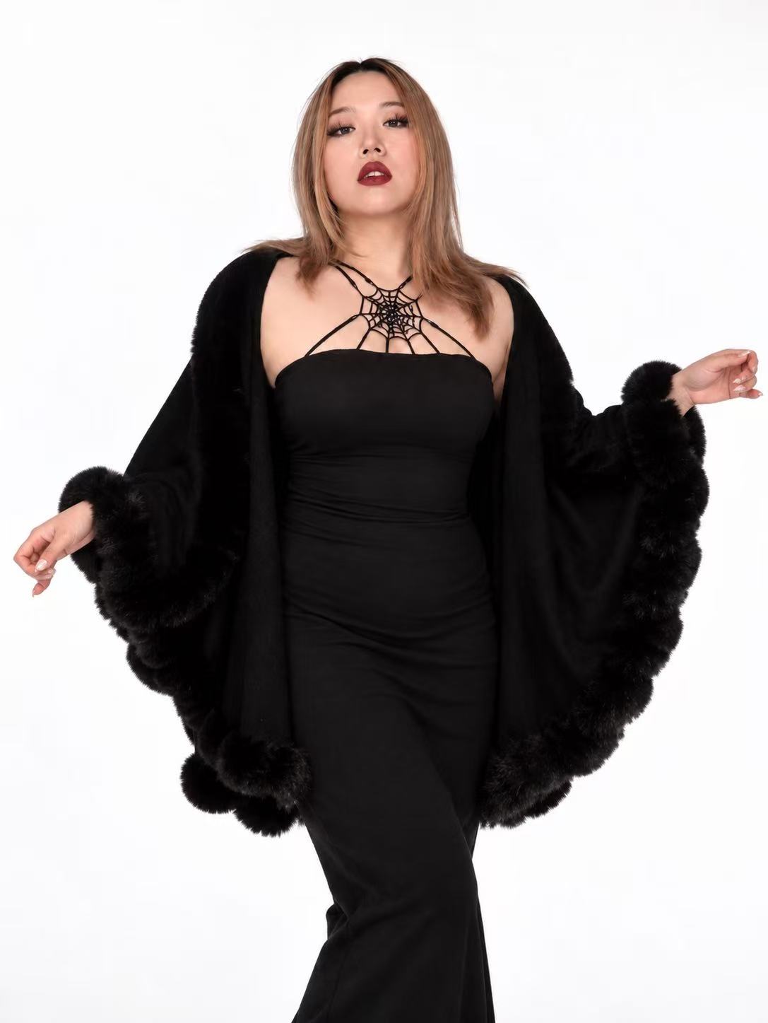 'Maison'Fuax Fur Fuzzy Double Layer Cloak Knit Cardigan Shawl Cape