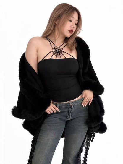'Maison'Fuax Fur Fuzzy Double Layer Cloak Knit Cardigan Shawl Cape