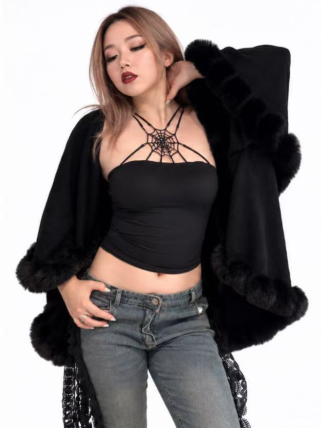 'Maison'Fuax Fur Fuzzy Double Layer Cloak Knit Cardigan Shawl Cape
