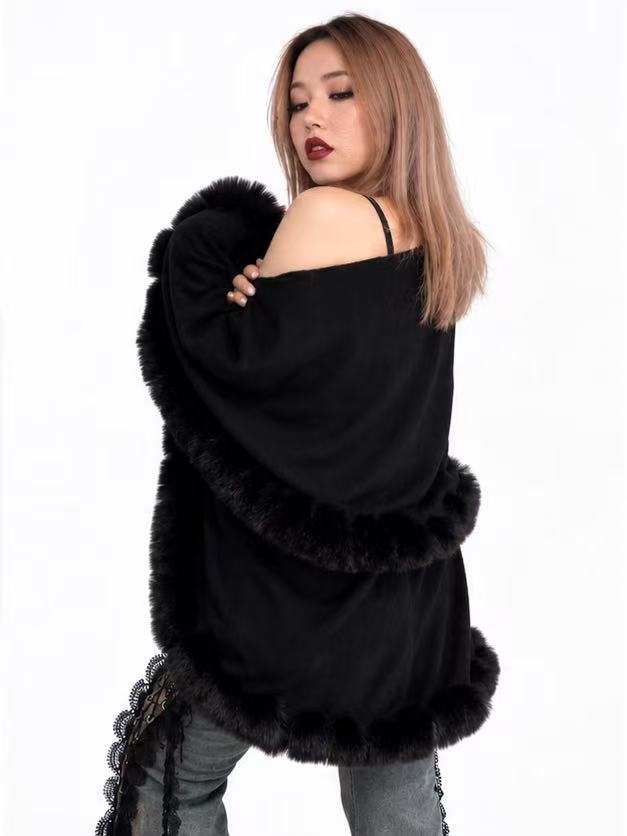 'Maison'Fuax Fur Fuzzy Double Layer Cloak Knit Cardigan Shawl Cape