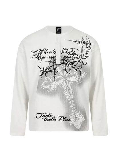 'DarkEcho' Alt Graffiti Cross Waffle Knit Oversized Long Sleeve Top