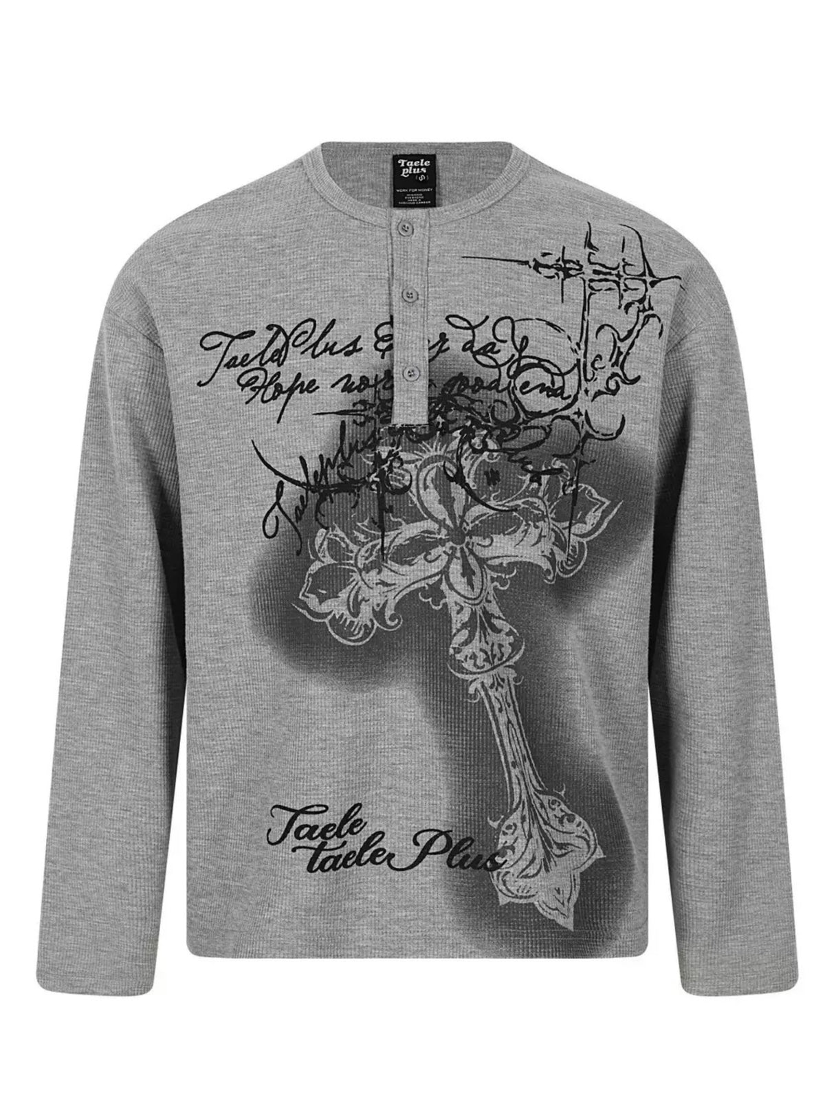 'DarkEcho' Alt Graffiti Cross Waffle Knit Oversized Long Sleeve Top