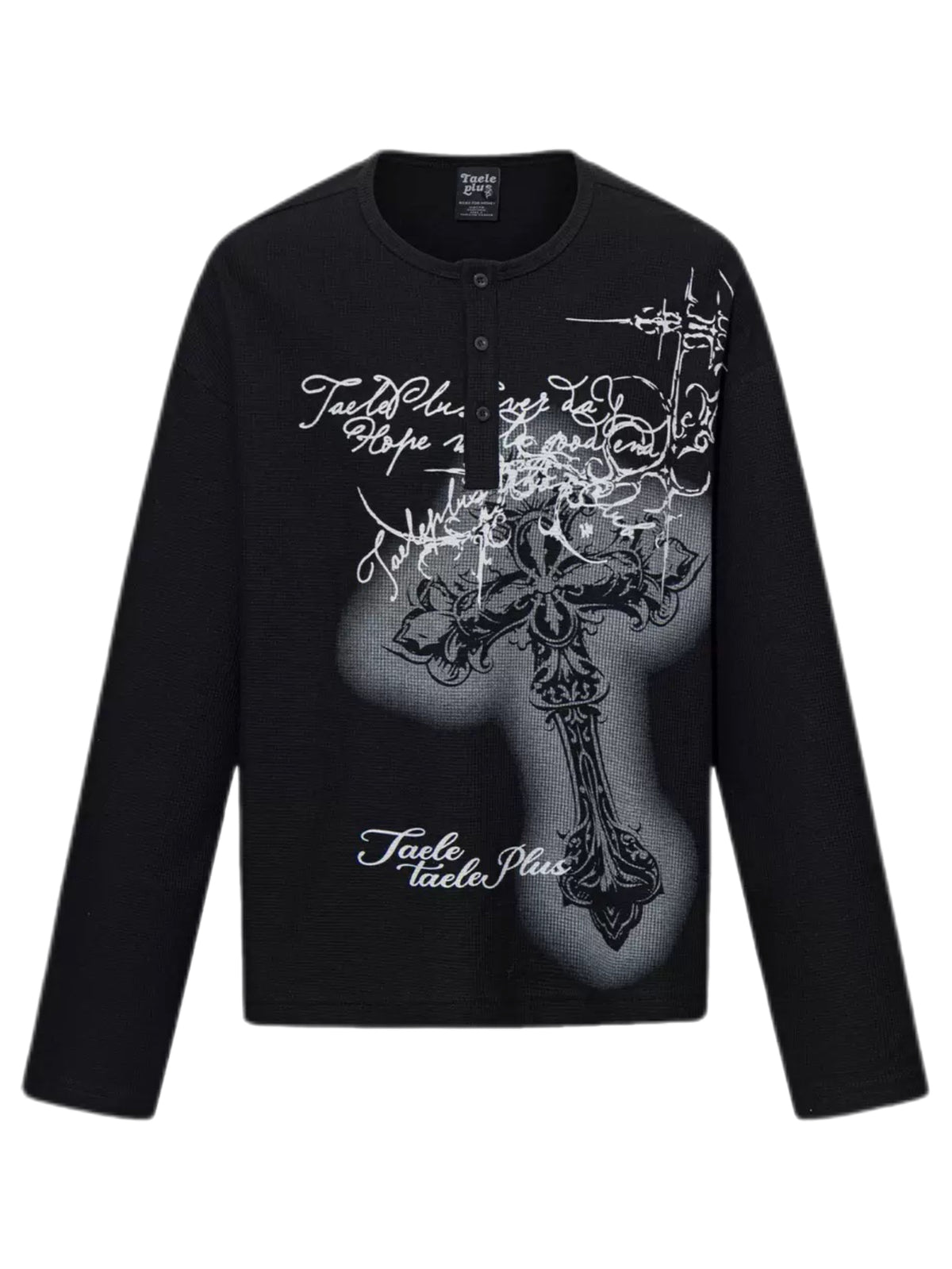 'DarkEcho' Alt Graffiti Cross Waffle Knit Oversized Long Sleeve Top