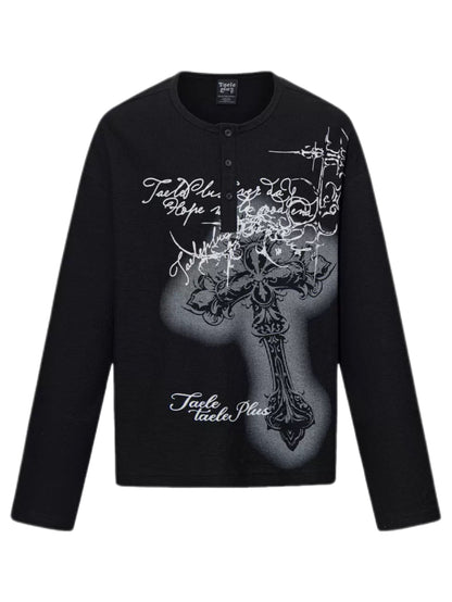 'DarkEcho' Alt Graffiti Cross Waffle Knit Oversized Long Sleeve Top