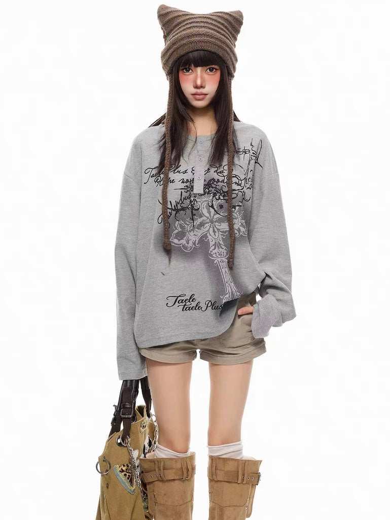 'DarkEcho' Alt Graffiti Cross Waffle Knit Oversized Long Sleeve Top