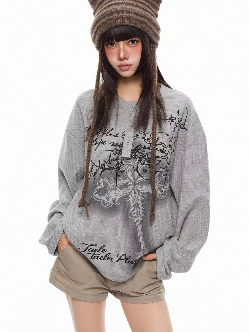 'DarkEcho' Alt Graffiti Cross Waffle Knit Oversized Long Sleeve Top
