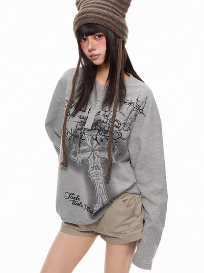 'DarkEcho' Alt Graffiti Cross Waffle Knit Oversized Long Sleeve Top