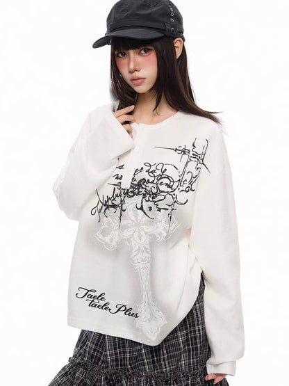 'DarkEcho' Alt Graffiti Cross Waffle Knit Oversized Long Sleeve Top