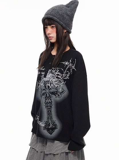 'DarkEcho' Alt Graffiti Cross Waffle Knit Oversized Long Sleeve Top