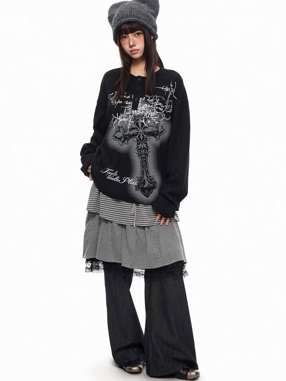 'DarkEcho' Alt Graffiti Cross Waffle Knit Oversized Long Sleeve Top