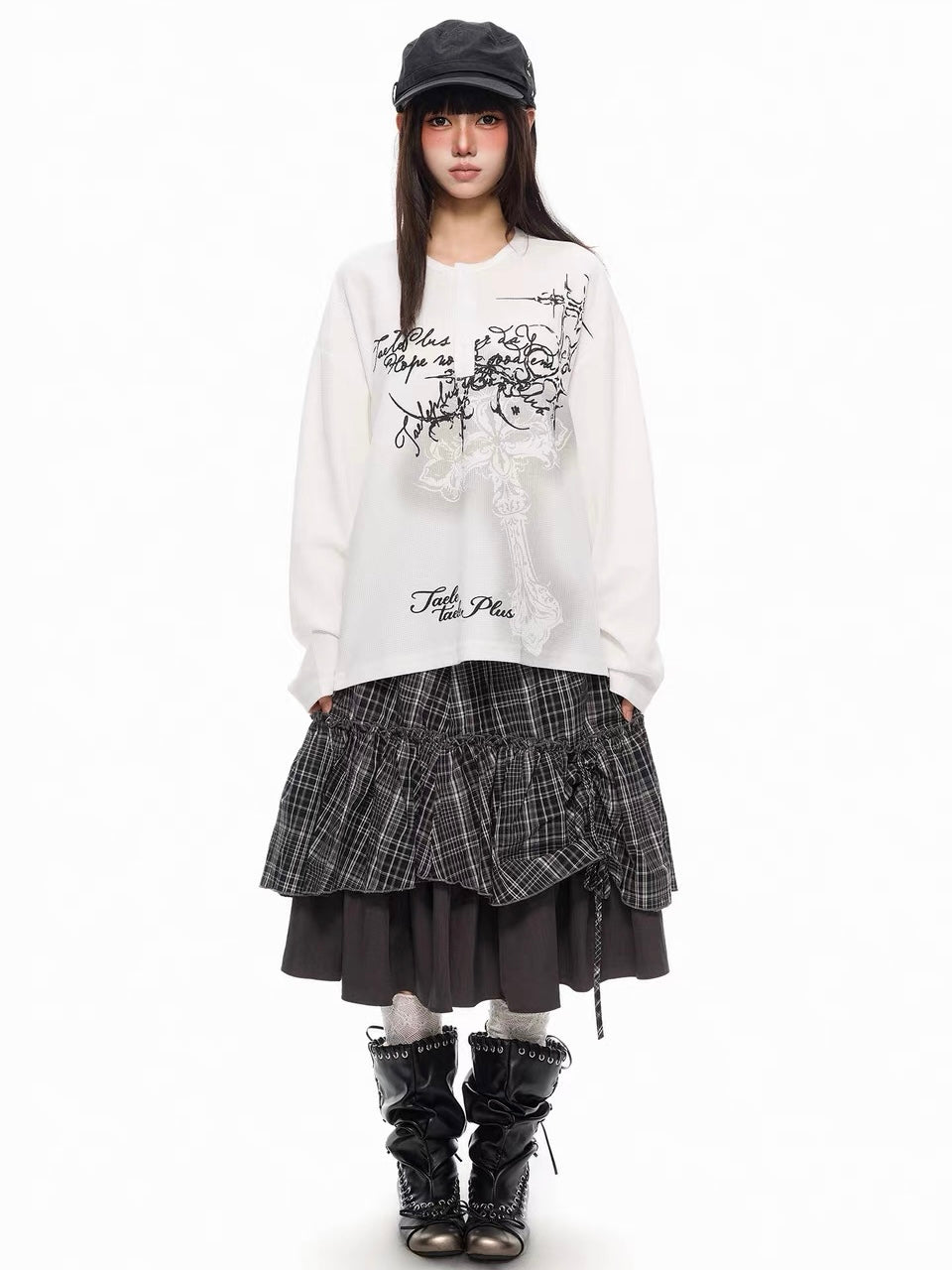 'DarkEcho' Alt Graffiti Cross Waffle Knit Oversized Long Sleeve Top