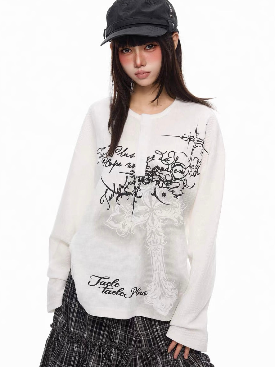 'DarkEcho' Alt Graffiti Cross Waffle Knit Oversized Long Sleeve Top