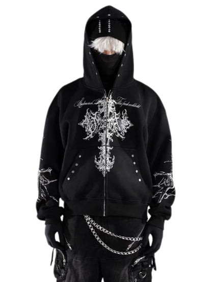 'DecayRuin' Wasteland Stained Distressed Cross Studded Hoodie