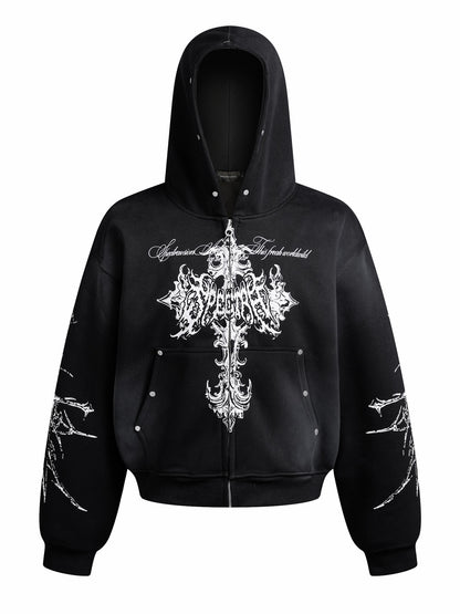 'DecayRuin' Wasteland Stained Distressed Cross Studded Hoodie