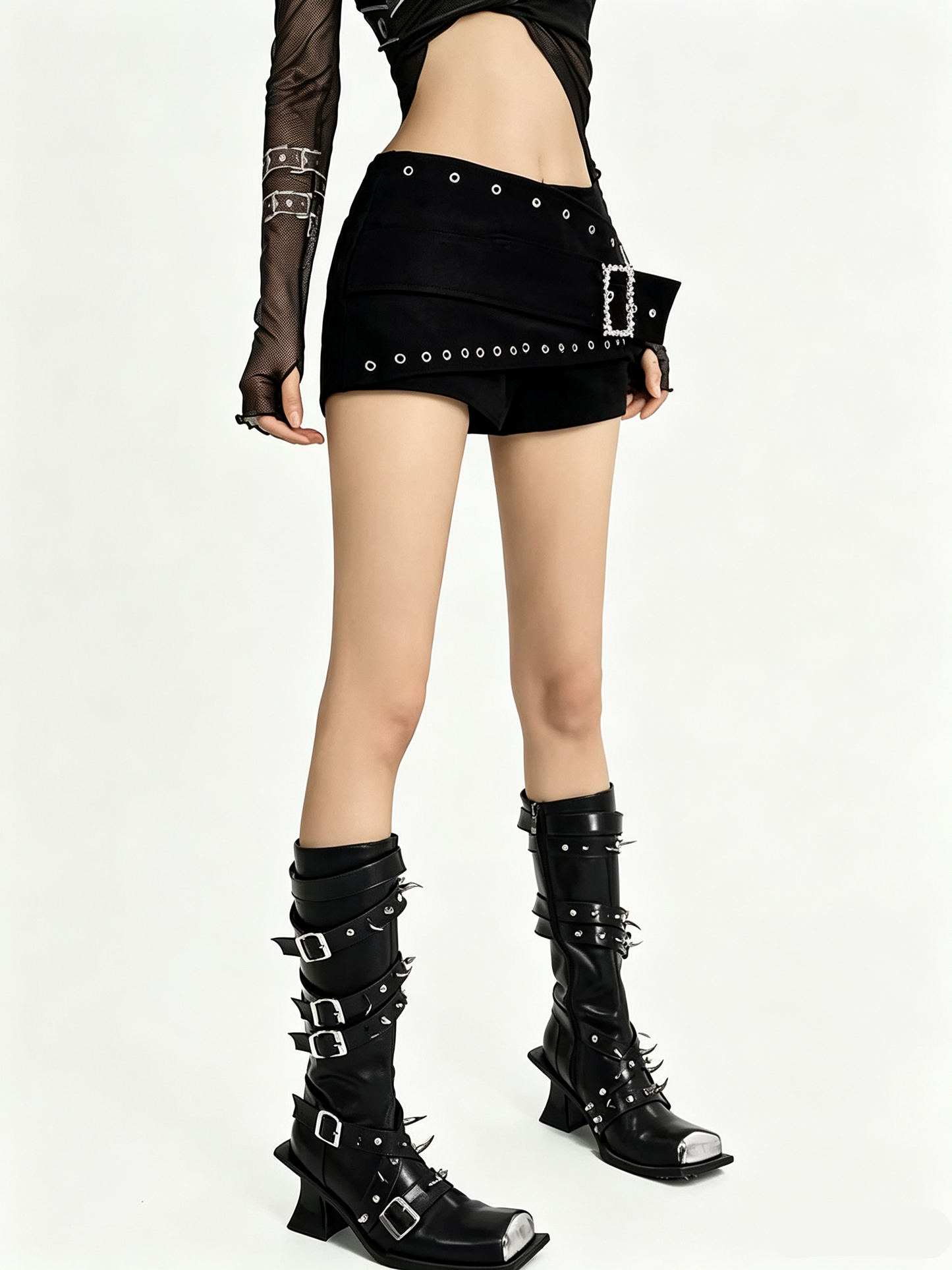 'MetalSkirt' Edgy Punk Rivet Belt Detail Skort