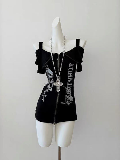 'Skull Knite' Alt Grunge Cotton Off-Shoulder Skull Shirts AlielNosirrah