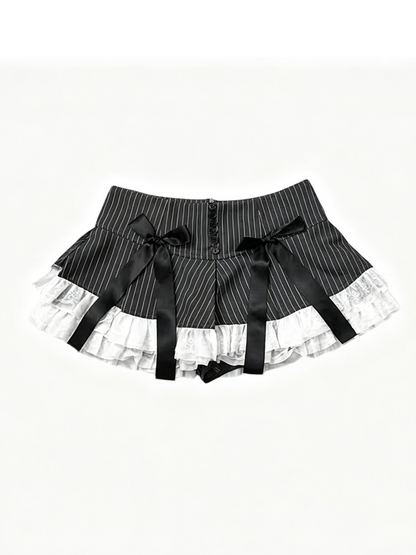 'Grey Puppet' Grey Stripe Lace Bow Pleated Mini Skirt
