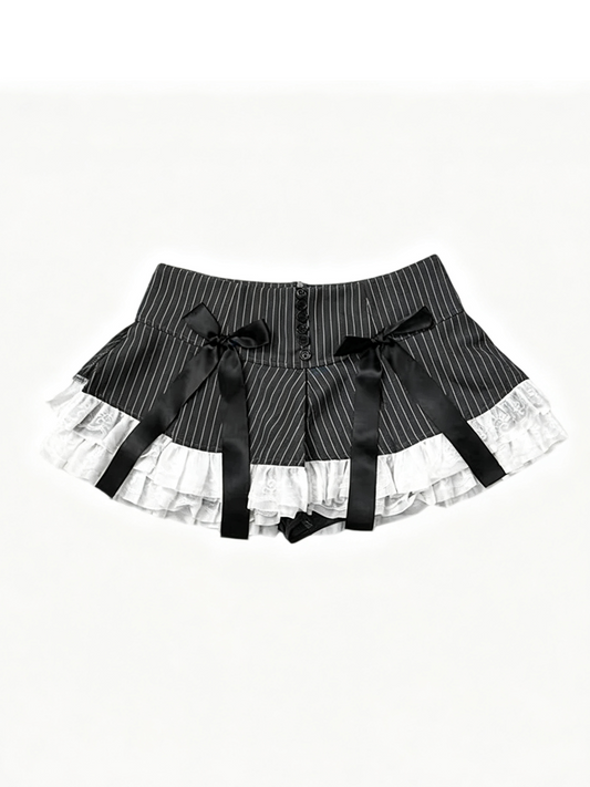 'Grey Puppet' Grey Stripe Lace Bow Pleated Mini Skirt