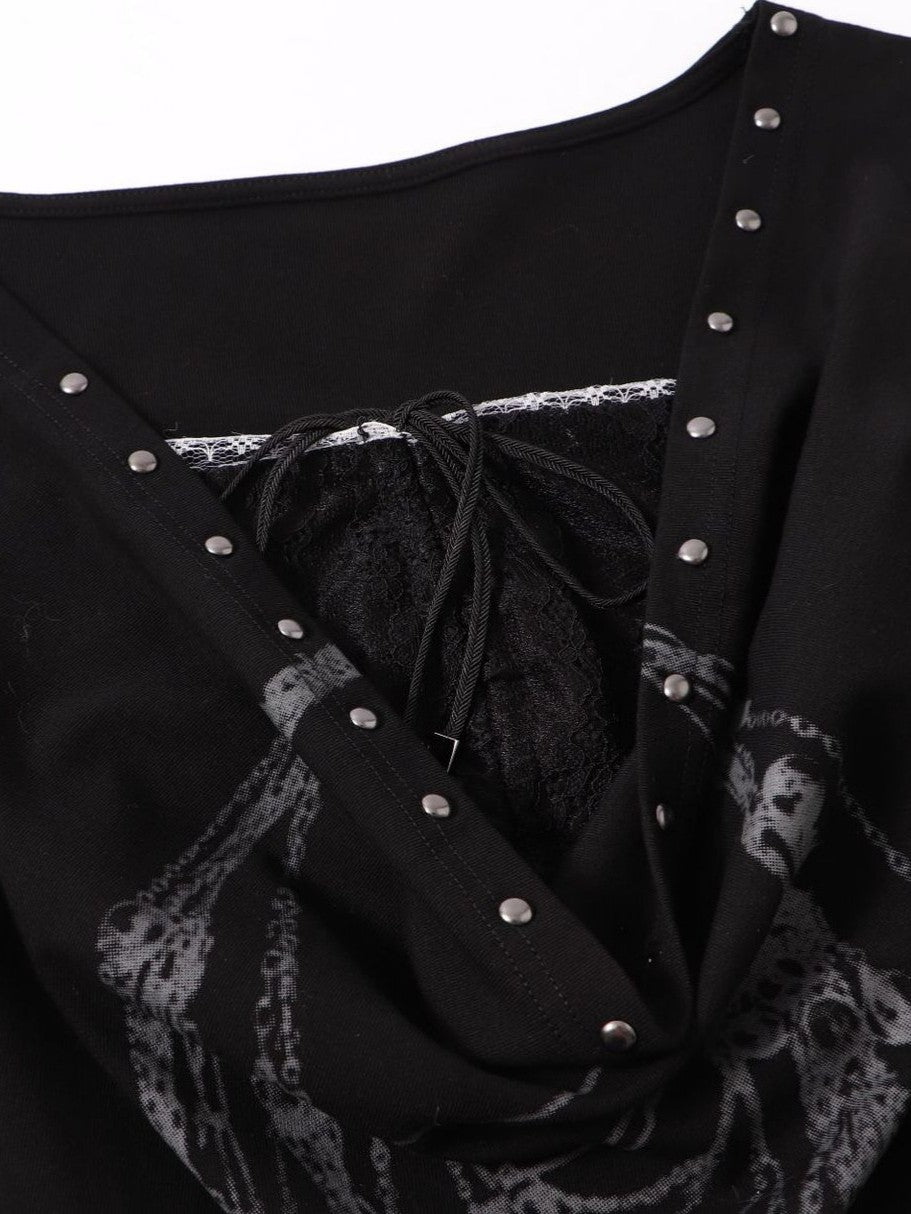 ’Kiss Chain' Faux-Layered Lace Trim Chain-Print Slim Fit Long Sleeve Top AlielNosirrah