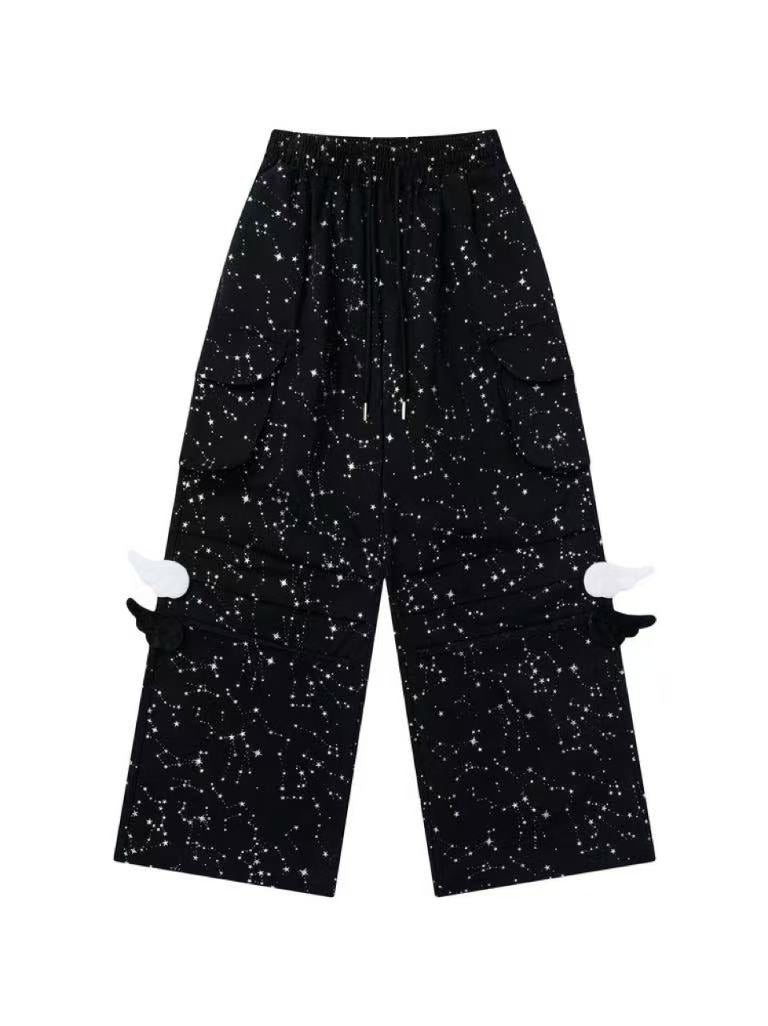 'Cosmic Angel' Sparkling Star Print Wing-Detail Cargo Pants AlielNosirrah