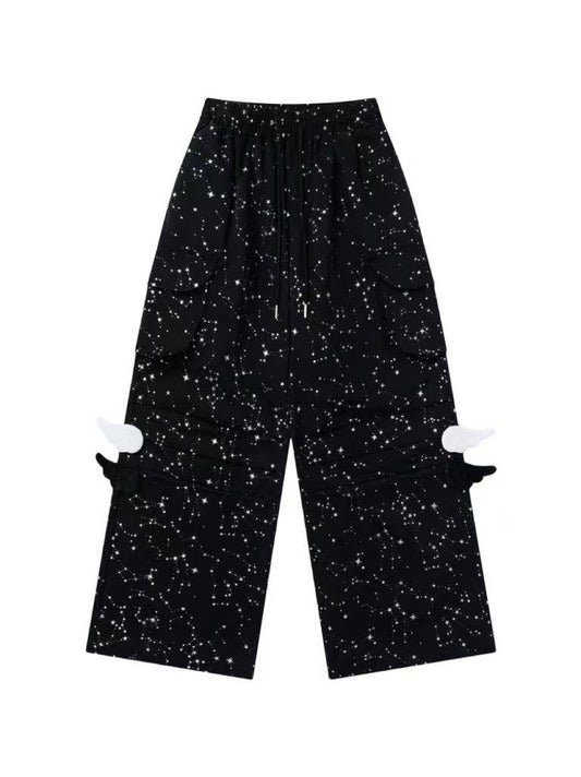 'Cosmic Angel' Sparkling Star Print Wing-Detail Cargo Pants AlielNosirrah