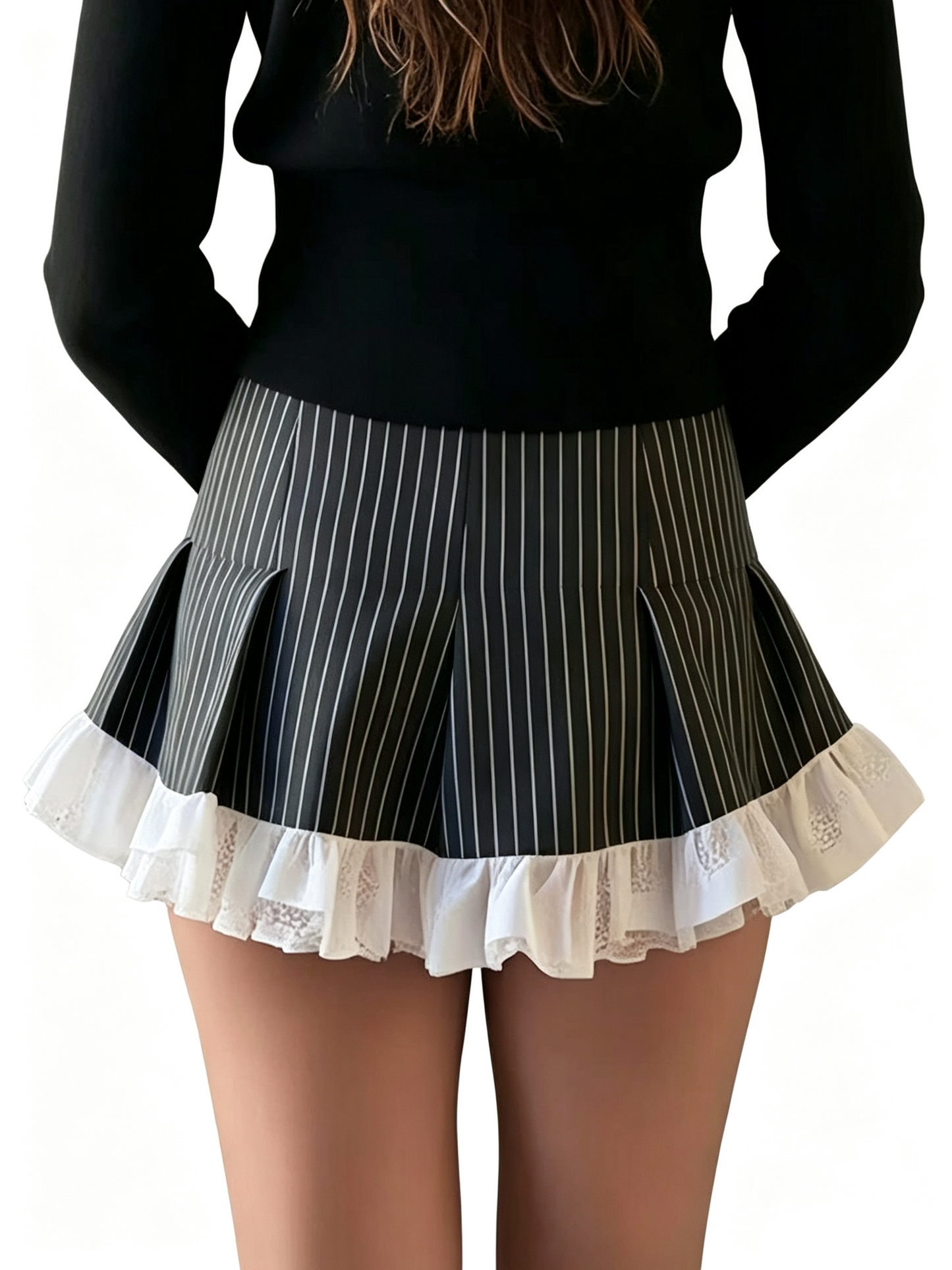 'Grey Puppet' Grey Stripe Lace Bow Pleated Mini Skirt