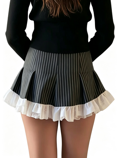 'Grey Puppet' Grey Stripe Lace Bow Pleated Mini Skirt