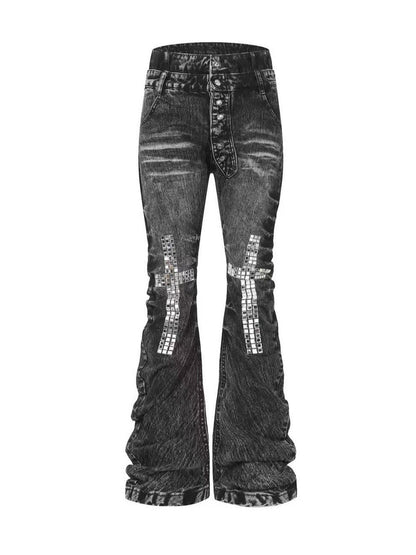'CrossDazzle' Vintage Cross Rhinestone Long Jeans