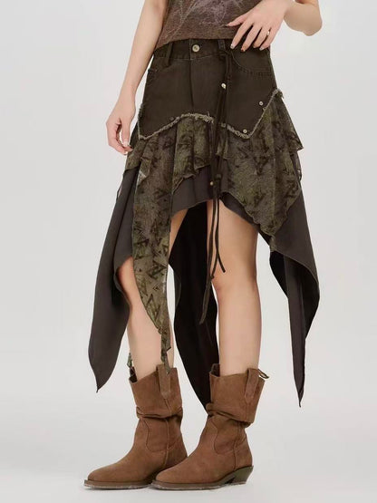 'WasteAsym' Wasteland Style Irregular Denim Midi Skirt
