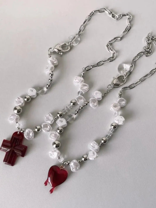 'Savior' Cross and Heart Pearl Beads Necklace AlielNosirrah