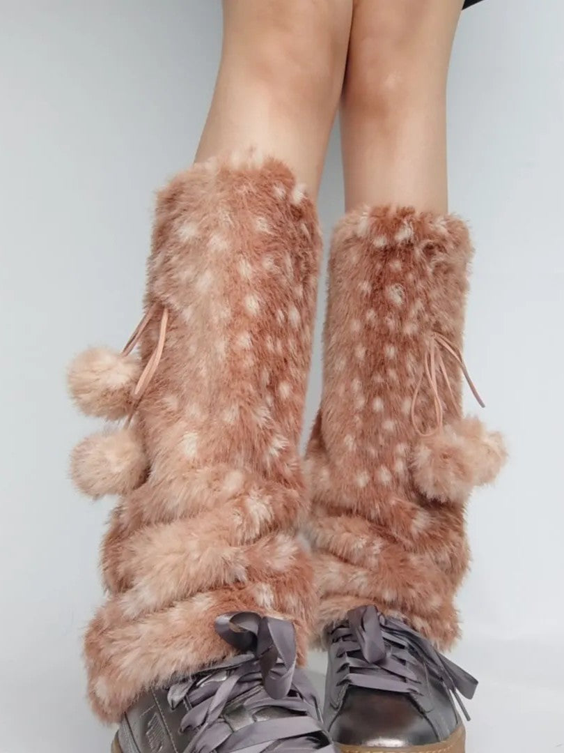 'Deer Pom-Poms' Christmas Fuzzy Faux-Leather Lolita Leg Warmers AlielNosirrah