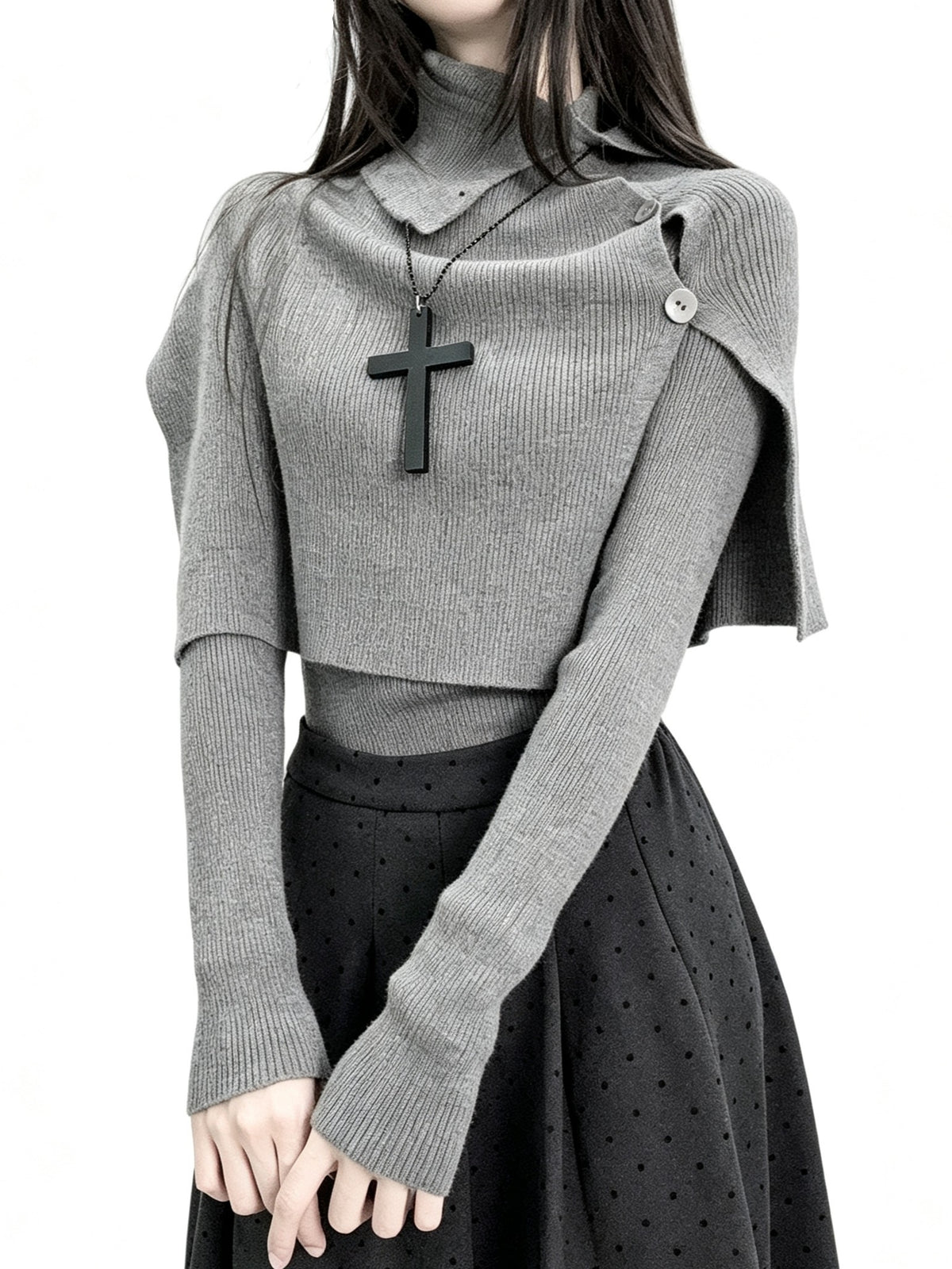 'Mist Cape' Irregular Knit Top Two Piece Set with Cape Shawl