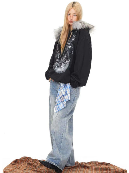 'Lonely Island' Y2K Detachable Furry Hood Printed Half-Zip Hoodie