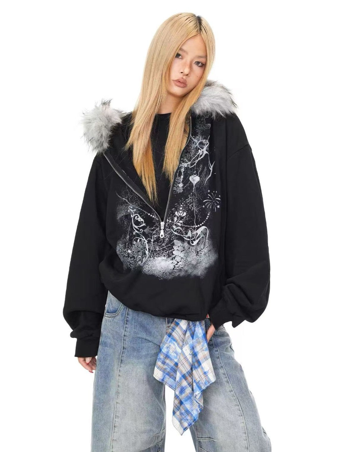 'Lonely Island' Y2K Detachable Furry Hood Printed Half-Zip Hoodie