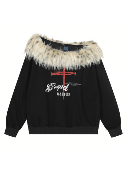 'Frost Kiss' Retro Glam Off-Shoulder Fur Trim Sweatshirt (Copy) AlielNosirrah