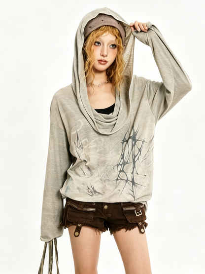'WasteCowl' Wasteland Style Cowl Neck Hooded Vintage Long Sleeve Top